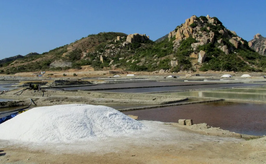 A heap of harvested white salt beside evaporation pans under a rocky hill